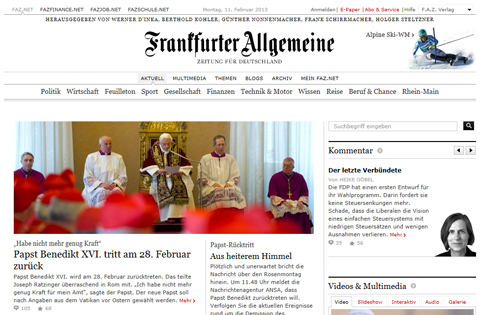 Frankfurter Allgemeine: la testata giornalistica tedesca dà l'annuncio della rinuncia del Papa