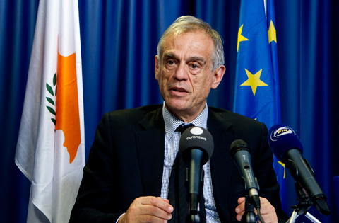 Bruxelles, 24 marzo: Michael Sarris, ministro delle finanze di Cipro, alla riunione dell'Eurogruppo