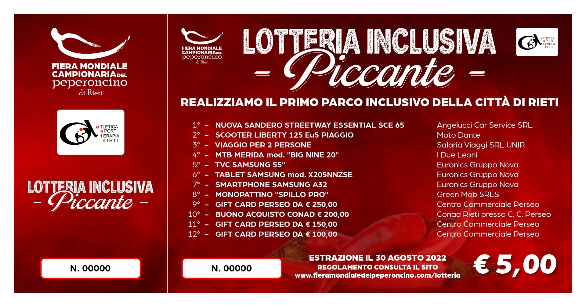 Lotteria inclusiva del Peperoncino: prorogato al 30 settembre il termine  per la vendita dei biglietti
